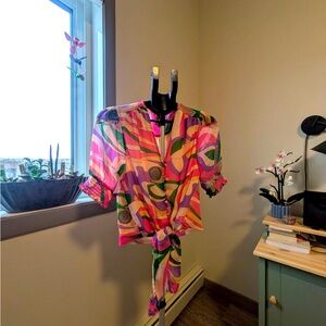 Colorful Abstract Tie-Front Blouse